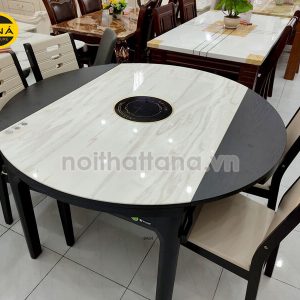 bộ bàn ăn mặt đá tròn thông minh gấp gọn 6 ghế có bếp từ