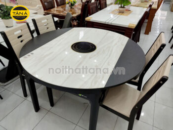 bộ bàn ăn mặt đá tròn thông minh gấp gọn 6 ghế có bếp từ